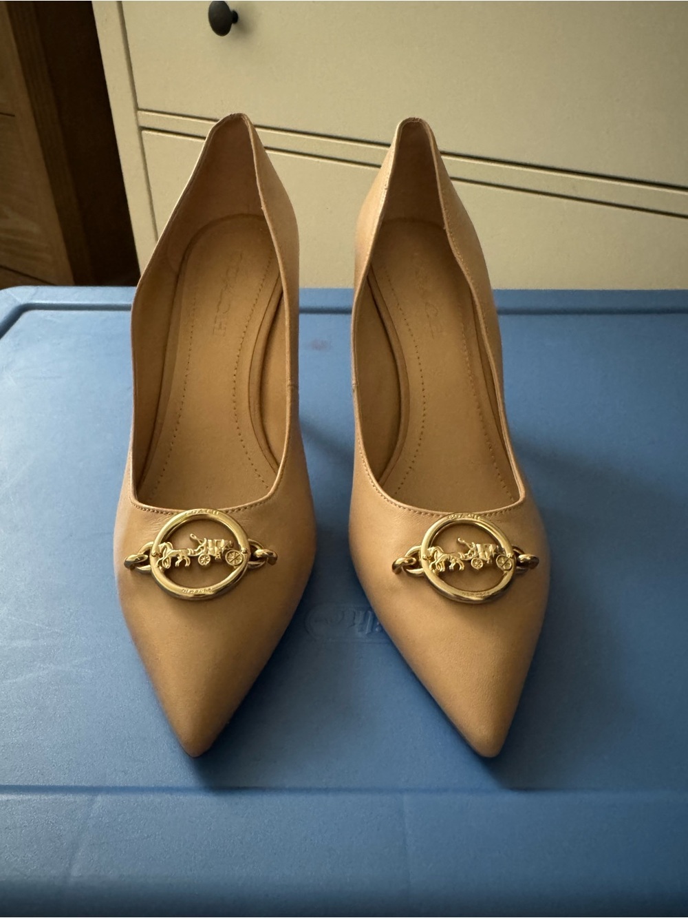 Coach Women's Pointed Toe Tan Pumps with Gold Accent